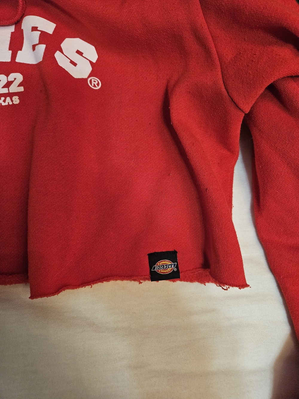 Dickies Red Cropped Hoodie with Checkerboard Sleeves - Picture 3 of 3